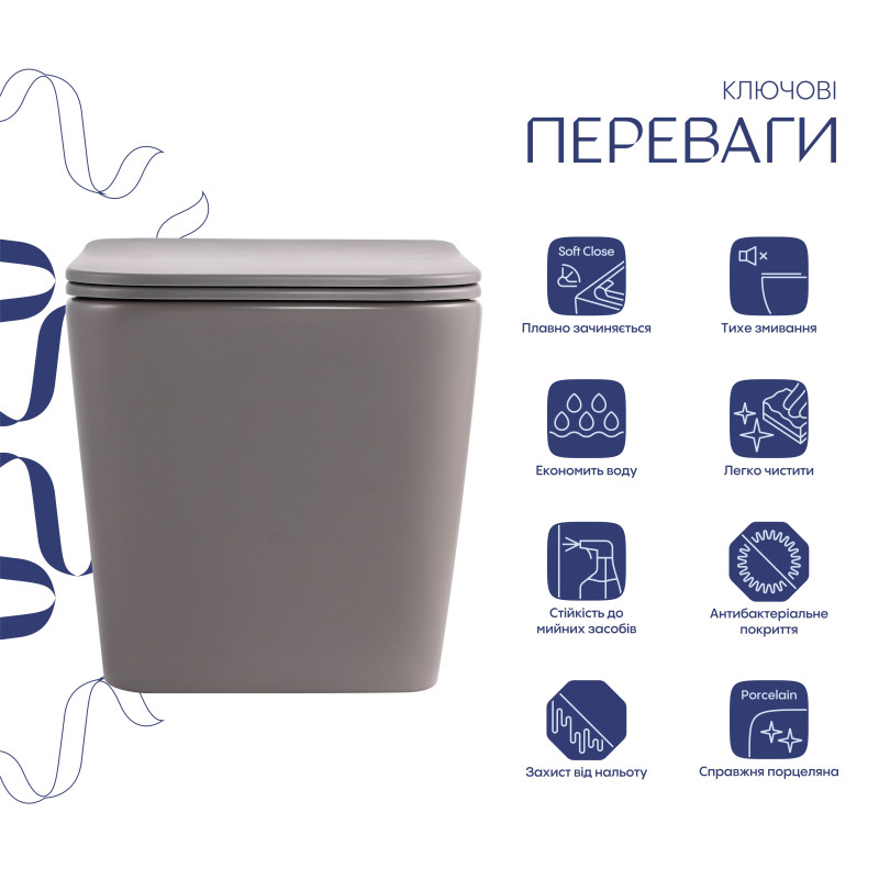 Унітаз підвісний Qtap Tern Ultra Quiet 520×345×325 мм, Stone grey, з сидінням Slim Duroplast / Soft-close / Quick Release QTTER26SG49000 SD00055124