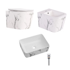 Комплект Qtap Tern Marble 3 в 1: підвісний унітаз Ultra Quiet + біде підвісне + раковина накладна QTTERMR49164 SD00055288