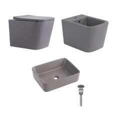 Комплект Qtap Tern Stone grey 3 в 1: підвісний унітаз Ultra Quiet + біде підвісне + раковина накладна QTTERSG49162 SD00055286