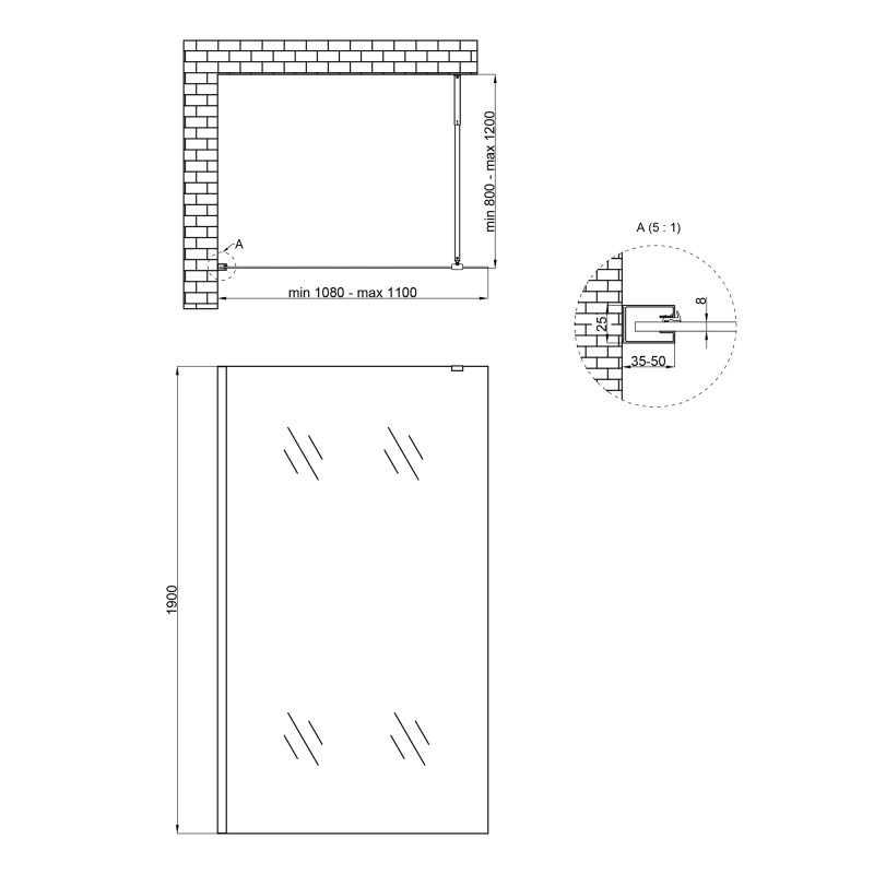 Qtap Душова перегородка Walk-In Standard BLM2011.C8 100х190 см, скло Clear 8 мм, покриття CalcLess