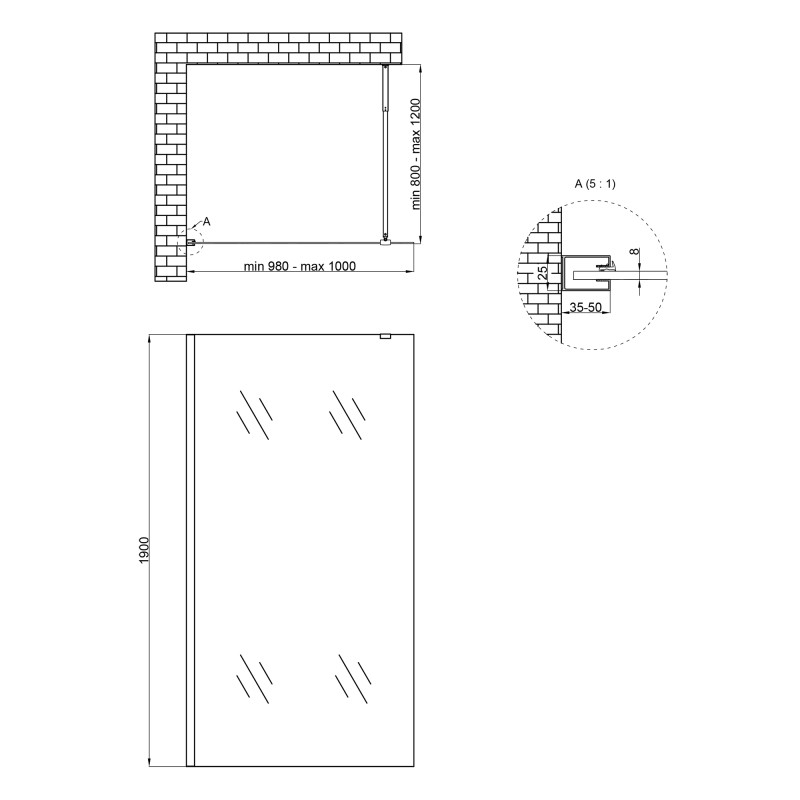 Qtap Душова перегородка Walk-In Standard BLM201.C8 100х190 см, скло Clear 8 мм, покриття CalcLess