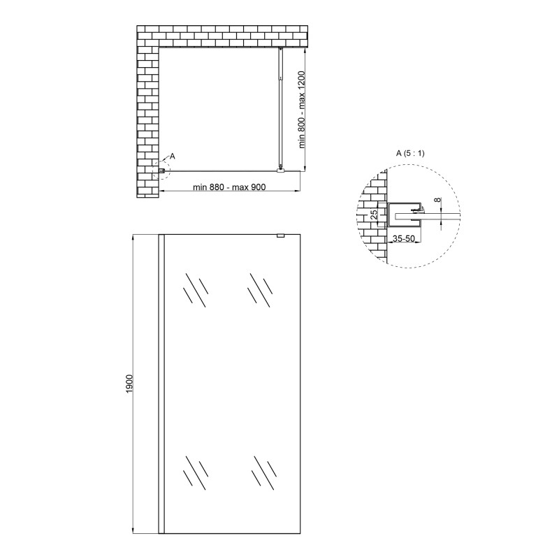 Qtap Душова перегородка Walk-In Standard CRM209.C8 90х190 см, скло Clear 8 мм, покриття CalcLess