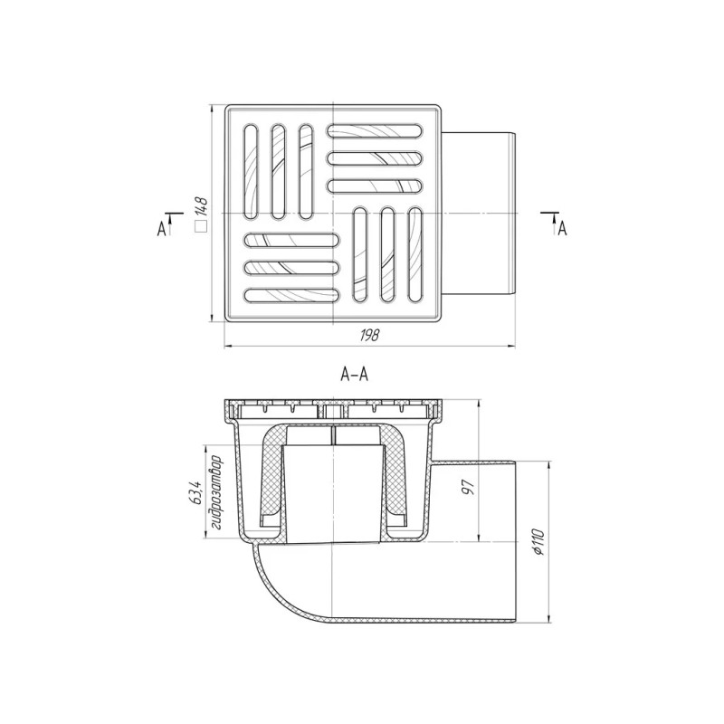 Трап горизонтальный ANI-plast TA1110 Ø110/90° нерегулируемый 150х150 мм. (TA 1110)