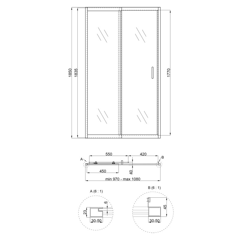 Qtap Душові двері в нішу Taurus CRM201-11.C6 97-108x185 см, скло Clear 6 мм, покриття CalcLess