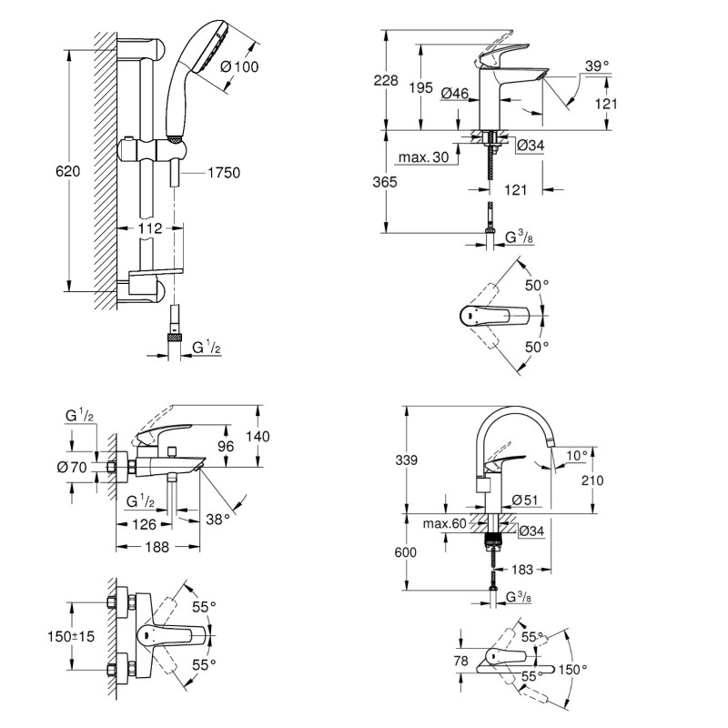 Grohe EUROSMART NEW набір змішувачей для ванни+кухня (23324003+33300003+27926001+33202003), (UA123248МK)