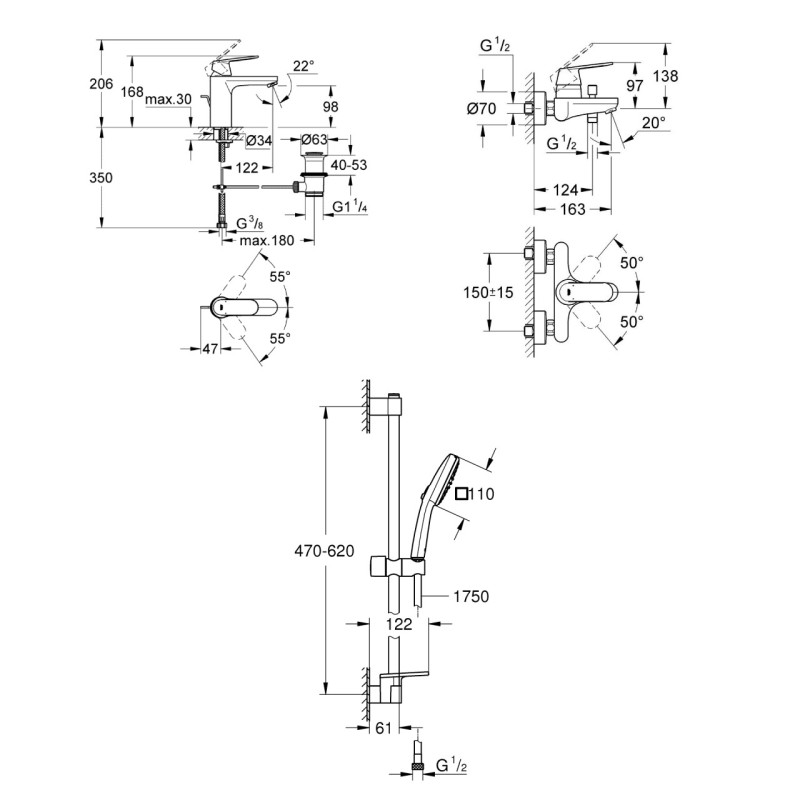 Grohe EUROSMART COSMOPOLITANнабір змішувачей для ванни (23325000+32831000+26907003), (UA126112M3)