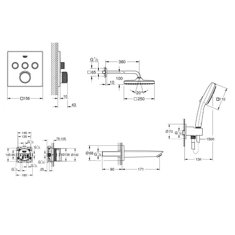 Grohe UA26415SC6Grohtherm SmartControl Набір для комплектації душа, 3 споживачі rohtherm SmartControl Набір для комплектації душа, 3 споживачі (UA26415SC6)