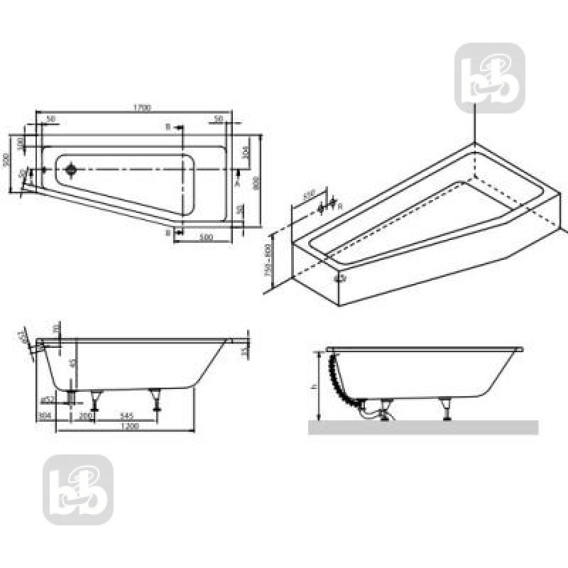 VILLEROY & BOCH SUBWAY ванна 170*80cм, правостороння версiя, (UBA178SUB3REV-01)