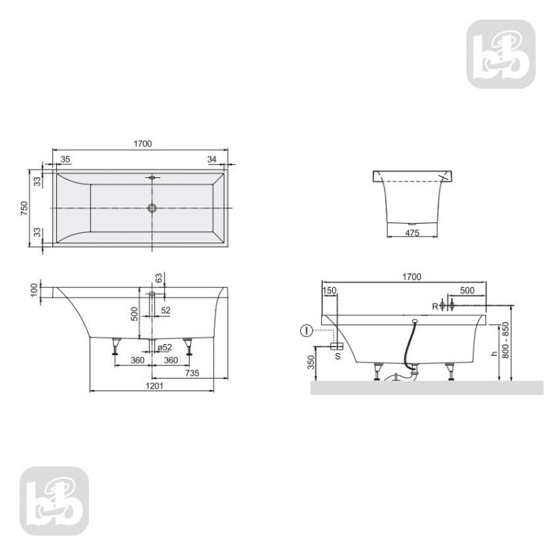 VILLEROY & BOCH SQUARO ванна 170*75см в комплектi з нiжками, (UBQ170SQR2V-01)