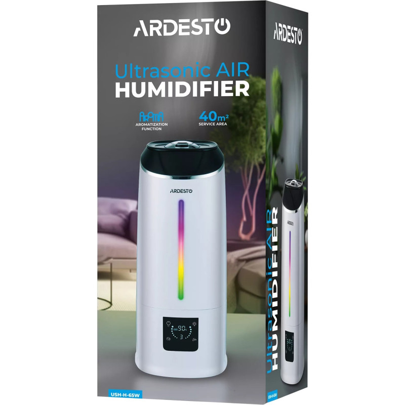 ARDESTO Зволожувач повітря ультразвуковий, 30м2, 6.5л, 300мл/г, електр. кер-ння, пульт ДК, верх. залив води, дисплей, білий (USH-H-65W)