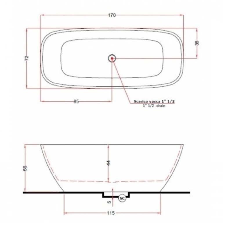 TREESSE V297BO/V2970XBO800S BRIO Ваннаіз штучного каменю 170 x 72 x 55h, тонкий борт,білий матовий