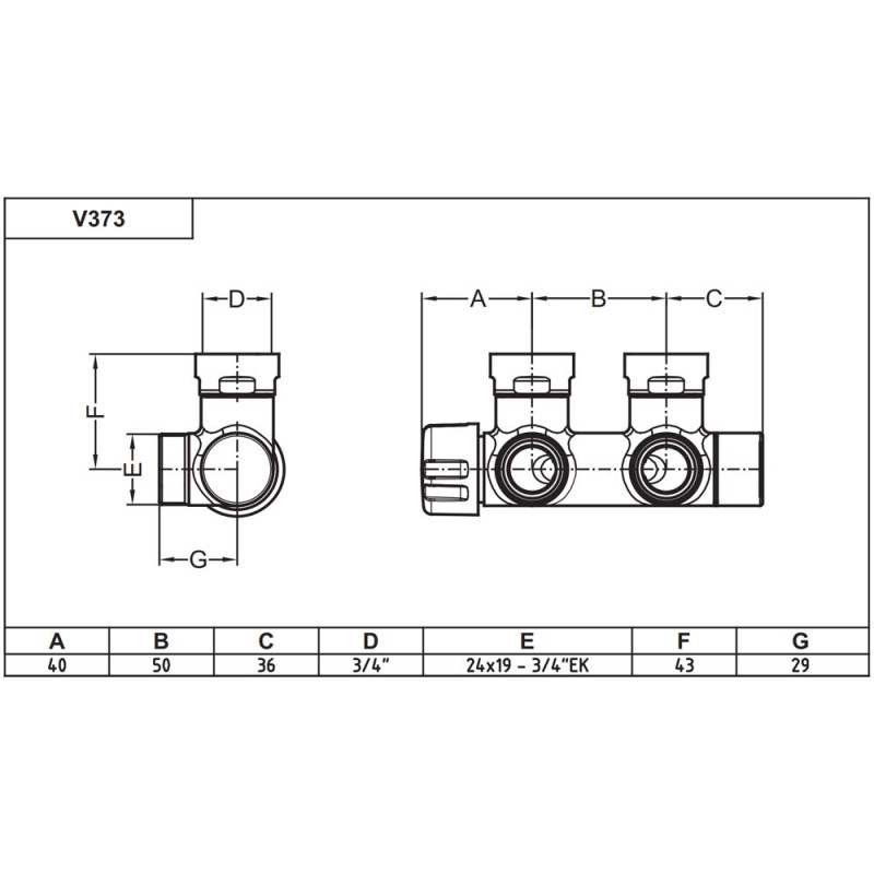 Carlo Poletti Вузел термостатичний TWIN F THERMO ХРОМ кутовий ЛІВИЙ Ø3/4″ F (пласке ущільнення) x 3/4″ EK 50 мм (V37310BSX)