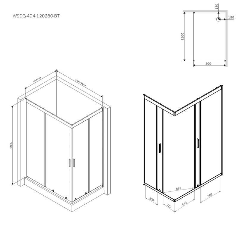 Душове огородження Square Slide AM.PM Gem 120×80 см, прозоре скло, чорний матовий профіль W90UG-403-120280-BT