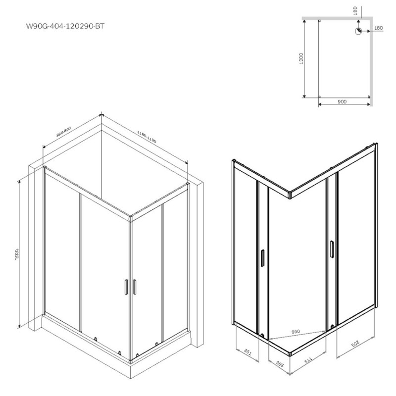 Душове огородження Square Slide AM.PM Gem 120×90 см, прозоре скло, чорний матовий профіль W90UG-403-120290-BT