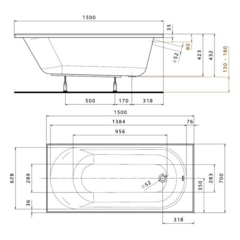 KOLO OPAL Plus ванна 150х70 см, прямоугольная, без ножек, Украина (XWP135000N)