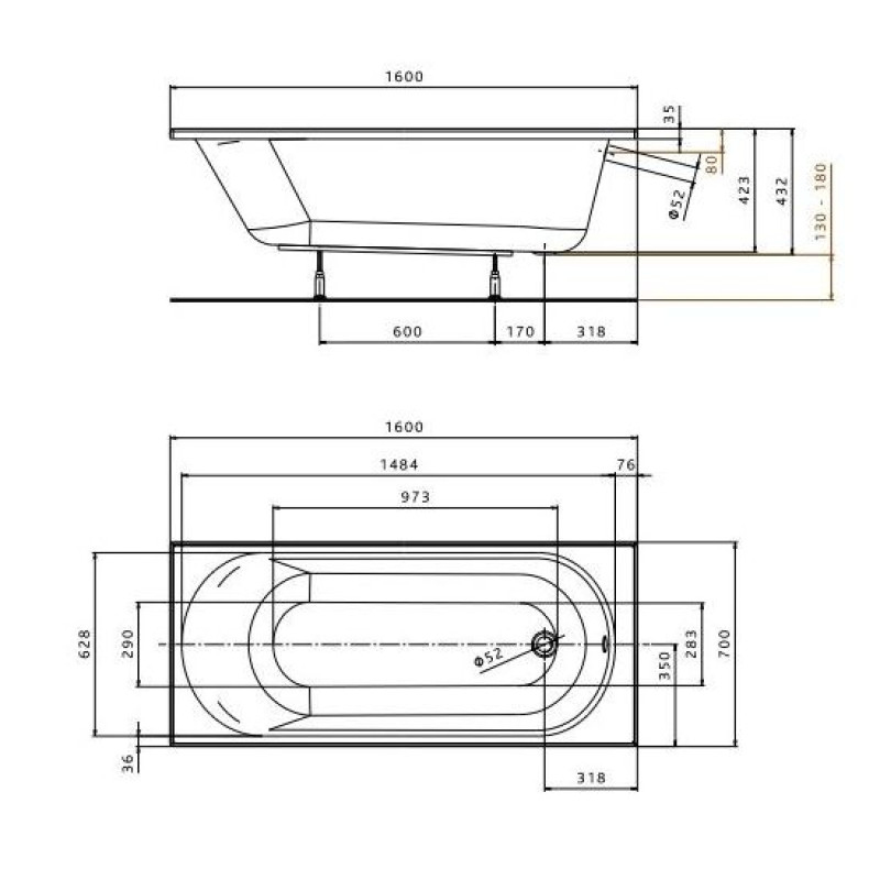 KOLO OPAL Plus ванна 160х70 см, прямоугольная, без ножек, Украина (XWP136000N)