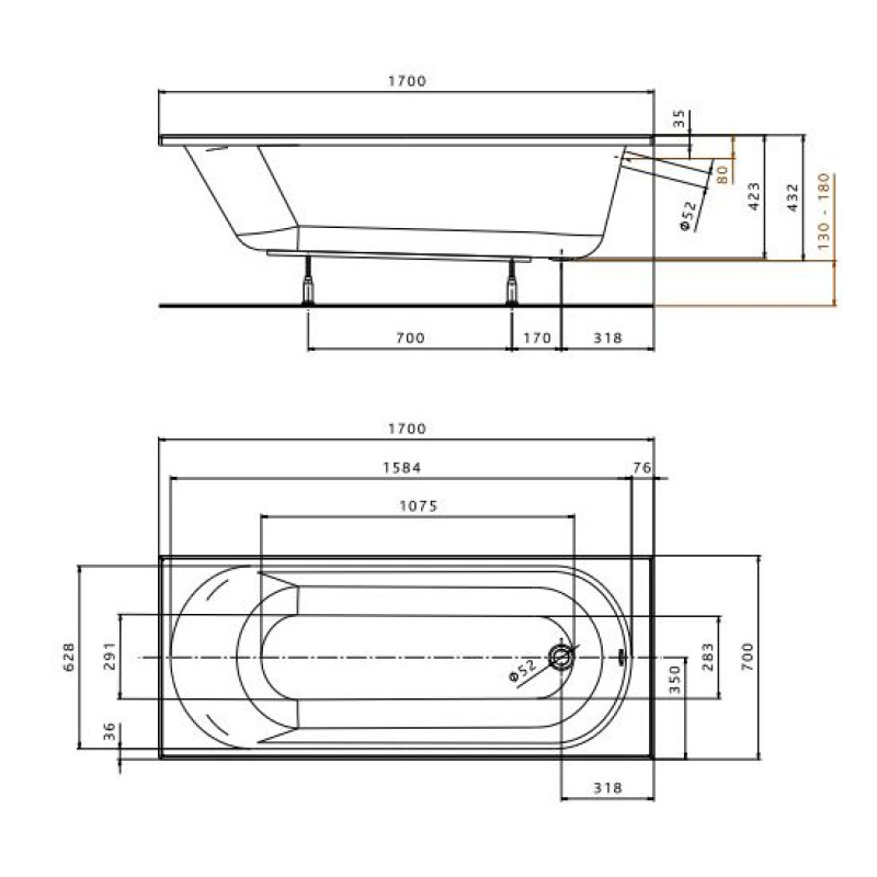 KOLO OPAL Plus ванна 170х70 см, прямоугольная, без ножек, Украина (XWP137000N)