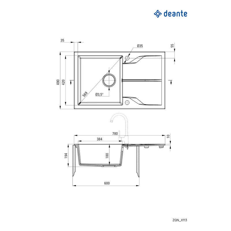 Deante Мийка кухонна Andante, граніт, прямокутник, з крилом, 780х490х194мм, чаша - 1, накладна, металічний графіт (ZQN_G113)