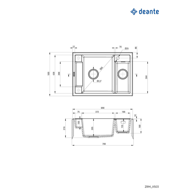 Deante Мийка кухонна Magnetic, граніт, прямокутник, без крила, 690х500х219мм, чаша - 1.5, накладна, алебастр (ZRM_A503)
