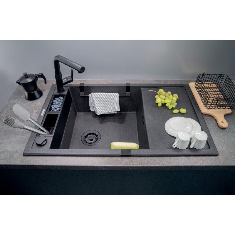 Deante Мийка кухонна Magnetic, граніт, прямокутник, з крилом, 820х500х219мм, чаша - 1, накладна, металічний графіт (ZRM_G113)