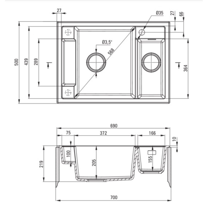 Deante Мийка кухонна Magnetic, граніт, прямокут., з крилом, 690х500х219мм, чаша - 1.5, врізна, антрацит (ZRM_T503)