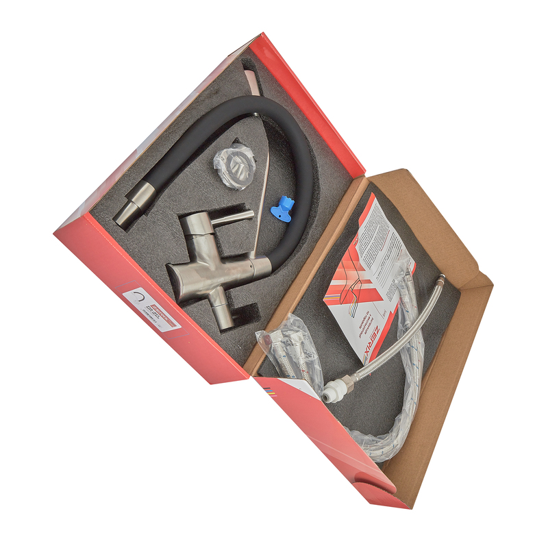 Смеситель для кухни с силиконовым изливом Zerix FUL-021 Refl.Black из нерж. стали SUS304 с выходом для пит.воды (ZX5997)