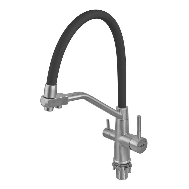 Смеситель для кухни с силиконовым изливом Zerix FUL-021 Refl.Black из нерж. стали SUS304 с выходом для пит.воды (ZX5997)