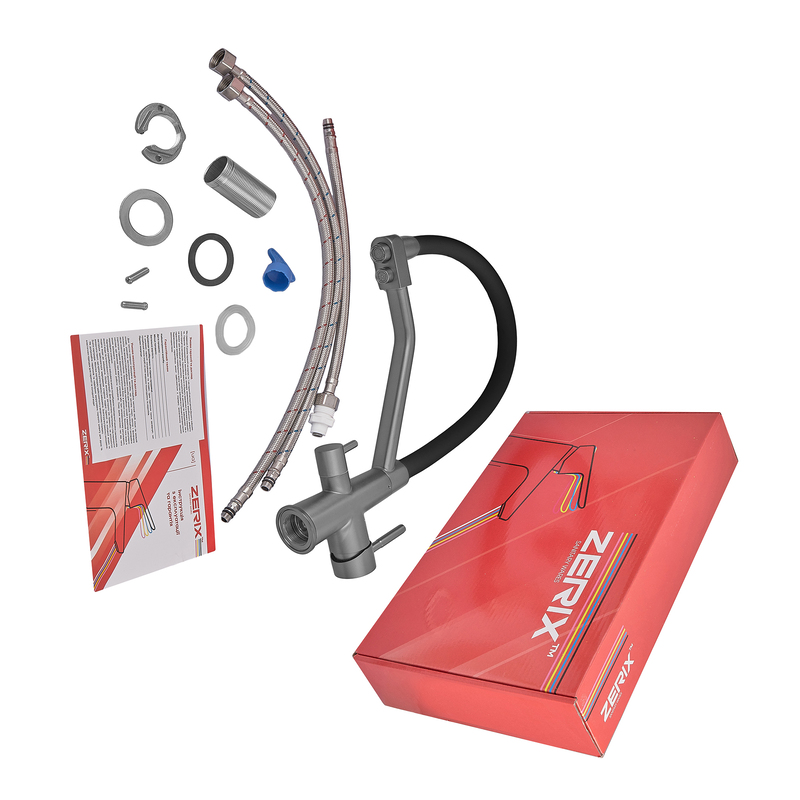 Смеситель для кухни с силиконовым изливом Zerix FUL-021 Graphite Refl.Black из нерж. стали SUS304 с выходом для пит.воды (ZX5999)