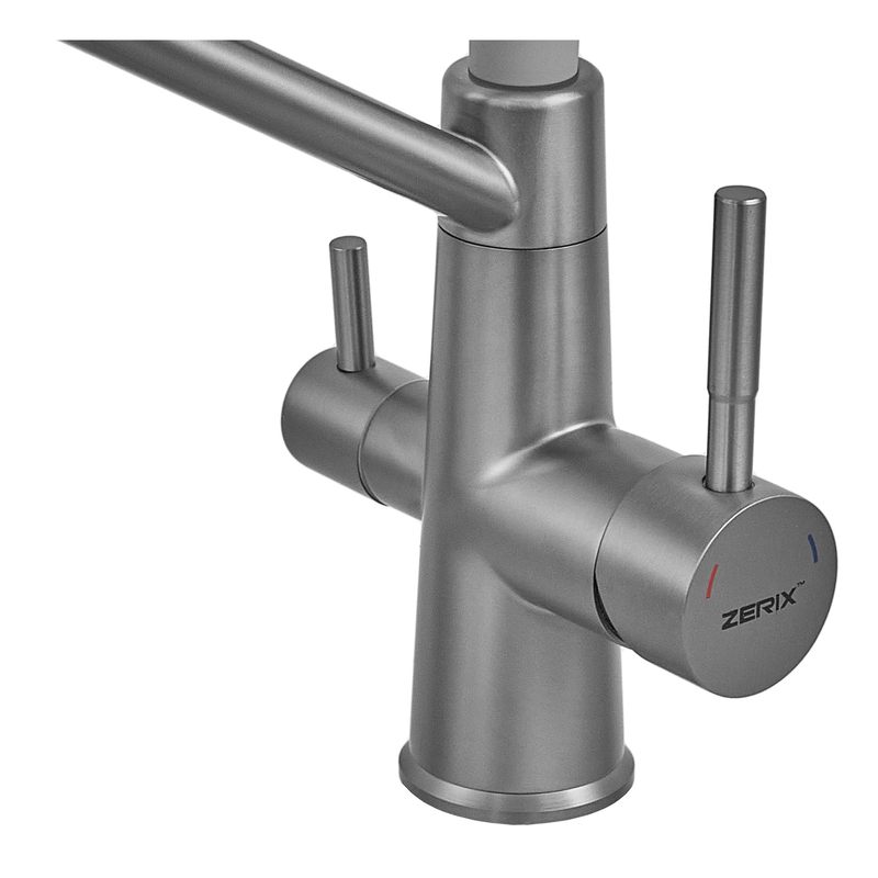 Смеситель для кухни с силиконовым изливом Zerix FUL-021 Graphite Refl.Gray из нерж. стали SUS304 с выходом для пит.воды (ZX6000)