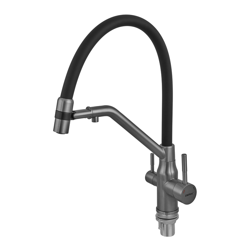 Смеситель для кухни с силиконовым изливом Zerix MAG-021 Graphite Refl.Black из нерж. стали SUS304 с выходом для пит.воды (ZX6005)