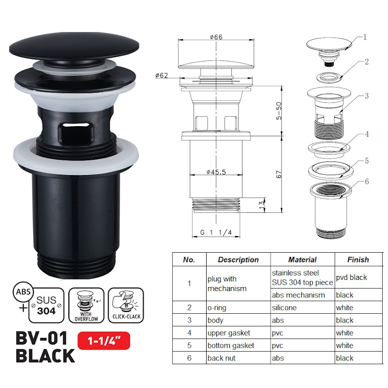 Донный клапан для раковины Zerix BV-01 BLACK 1 1/4'' с переливом автоматический СLICK-СLACK (Цвет черный) (ZX6016)