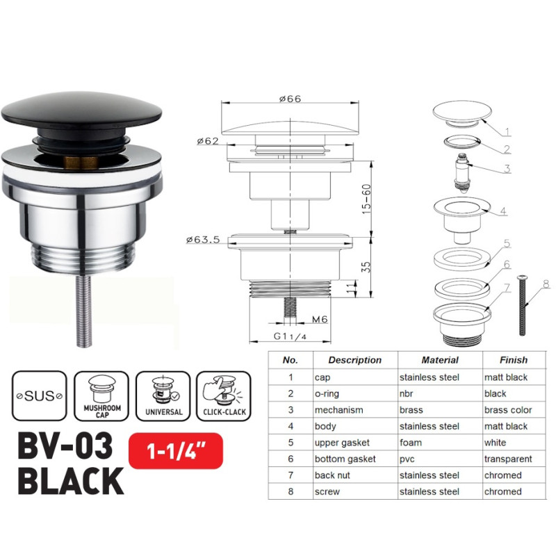 Донный клапан для раковины Zerix BV-03 BLACK 1 1/4'' универсальный (с/без перл) СLICK-СLACK (Цвет черный) (ZX6020)