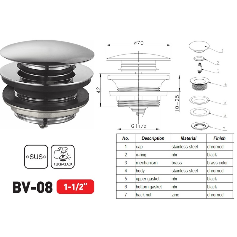Донный клапан для ванны Zerix BV-08 1 1/2'' автоматический СLICK-СLACK (Цвет хром) (ZX6025)