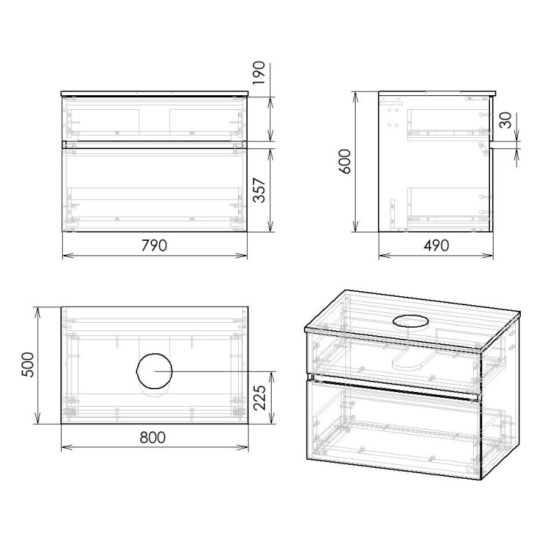 IMPRESE BLATNA L комплект меблів 80см, колір ільм бергамо: тумба підвісна, зі стільницею, 2 ящики + умивальник накладний, (f32108Dr)
