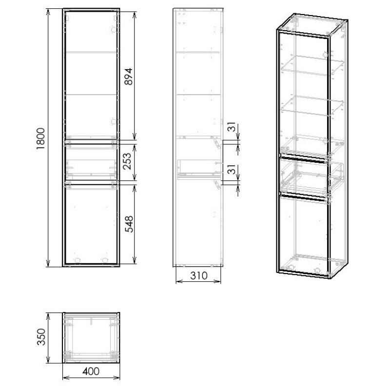 IMPRESE BILOVEC пенал 180*40*35 см, підвісний, колір дуб крафт, (f3263Dr)