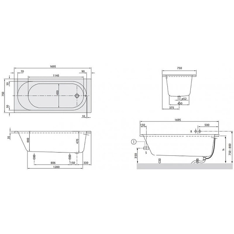 VILLEROY & BOCH uBA170CAS2V-01 O.NOVO/CASSANDRA Ванна 170х75см, (uBA170CAS2V-01)