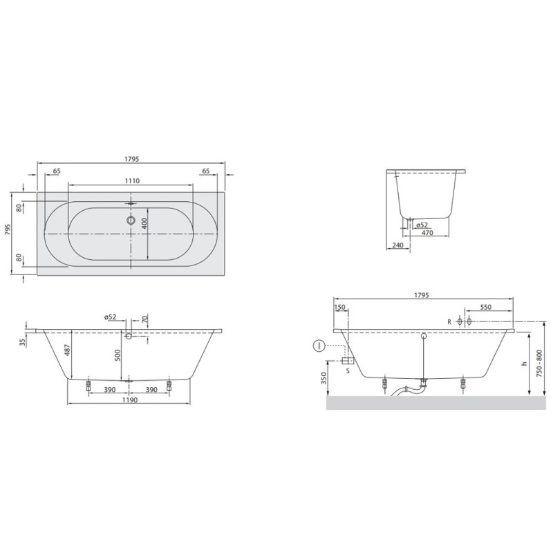 uBA180CAS2V-01 O.NOVO/CASSANDRA Ванна 180х80см, білий