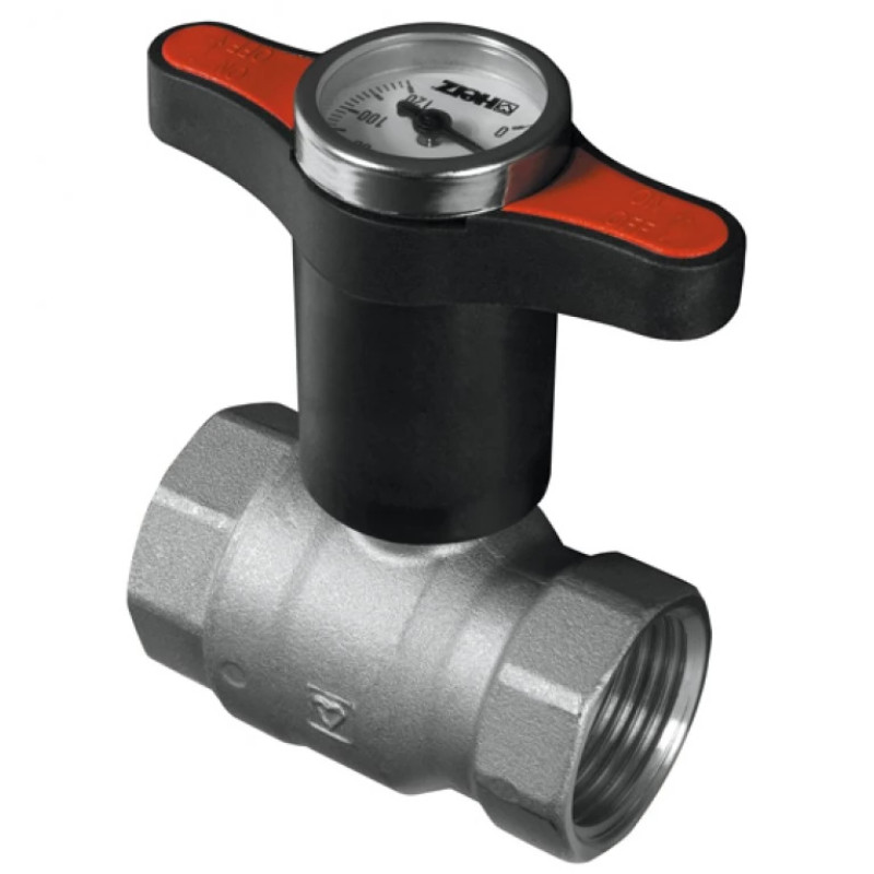 HERZ Кран шаровый ВР-ВР, с пластиковой ручкой с термометром (красная), PN=25. Корпус из кованой латуни, никелированный, согласно EN 12420., 3/4". 1220162