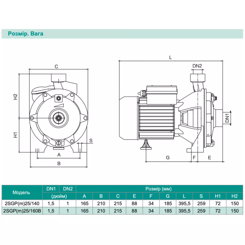SHIMGE Відцентровий насос 2SGPm25/160B, 1.5кВт, Нmax 50 м, Qmax 200 л/хв