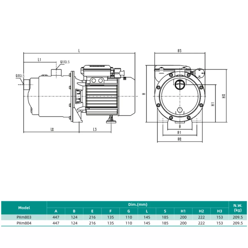 SHIMGE Відцентровий насос PXm804 багатоступеневий (1.5 кВт, Нmax 45 м, Qmax 233 л/хв