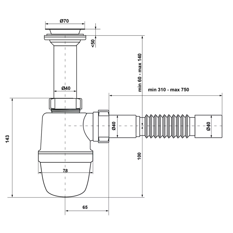 Kronoplast Сифон для кухонної мийки 1/2 з литим випуском Ø40 x 40/50 (SY11000043)