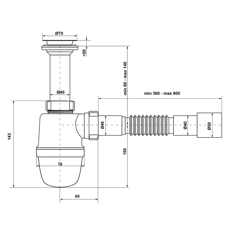 Kronoplast Сифон для кухонної мийки 1/2 з литим випуском Ø40 x 40/50 (SY11000043)