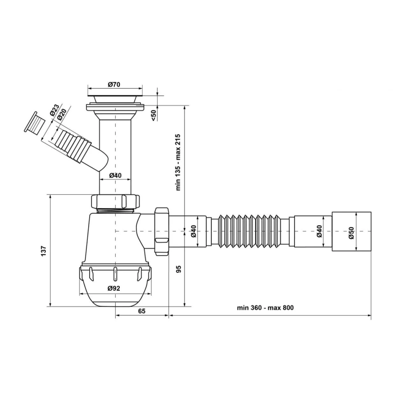 Kronoplast Сифон для кухонної мийки 1/2 зі збільшеним корпусом і відведенням до пральної машини (SM13000043)