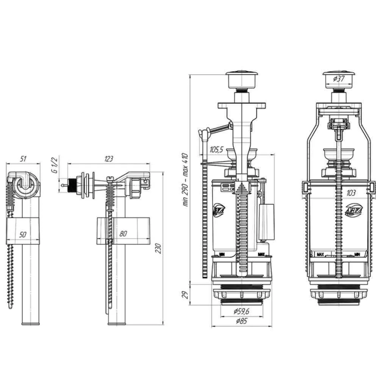 Kronoplast Комплект механізму бачка унітазу BK2R1110 з подвійним зливом, 1/2" з бічним підведенням