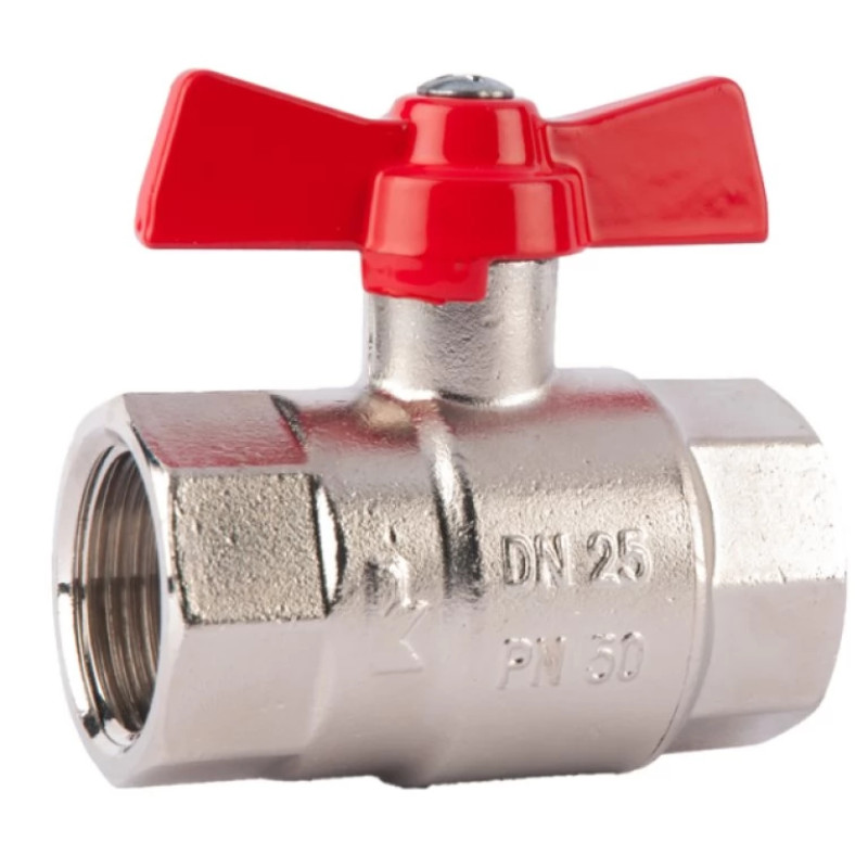 HERZ Кран шаровой ВР-ВР, с ручкой "бабочка". Корпус из кованой латуни по DIN 17660, никелированный. Размер-25. 1210013