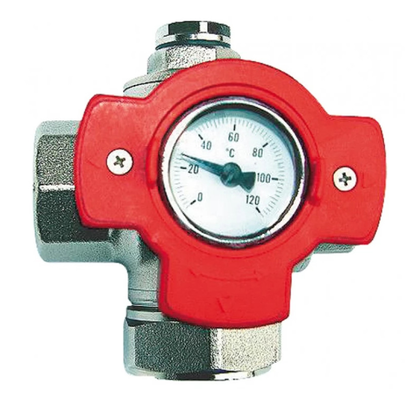 HERZ Кран кульовий чотирьохходовий мультифікаційний. Синій маховик, з термометром 0-120 °С. Корпус з кованої латуні.DN 25 1241503