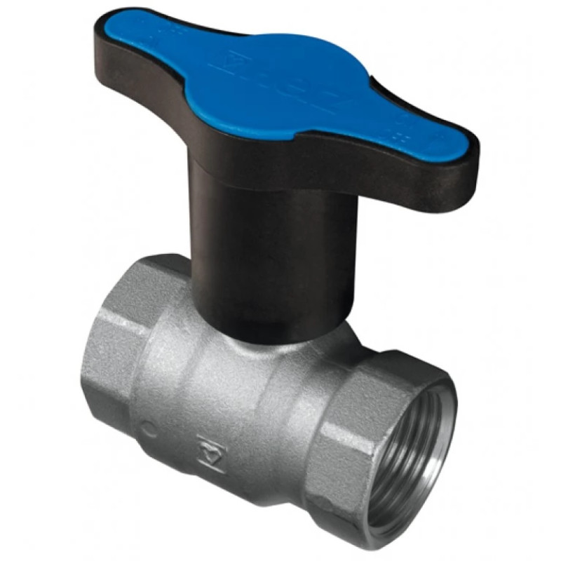 HERZ Кран шаровой ВР-ВР с пластиковой ручкой (синяя), PN=25. Корпус из кованой латуни, никелированный, согласно EN 12420., 1". 1220153