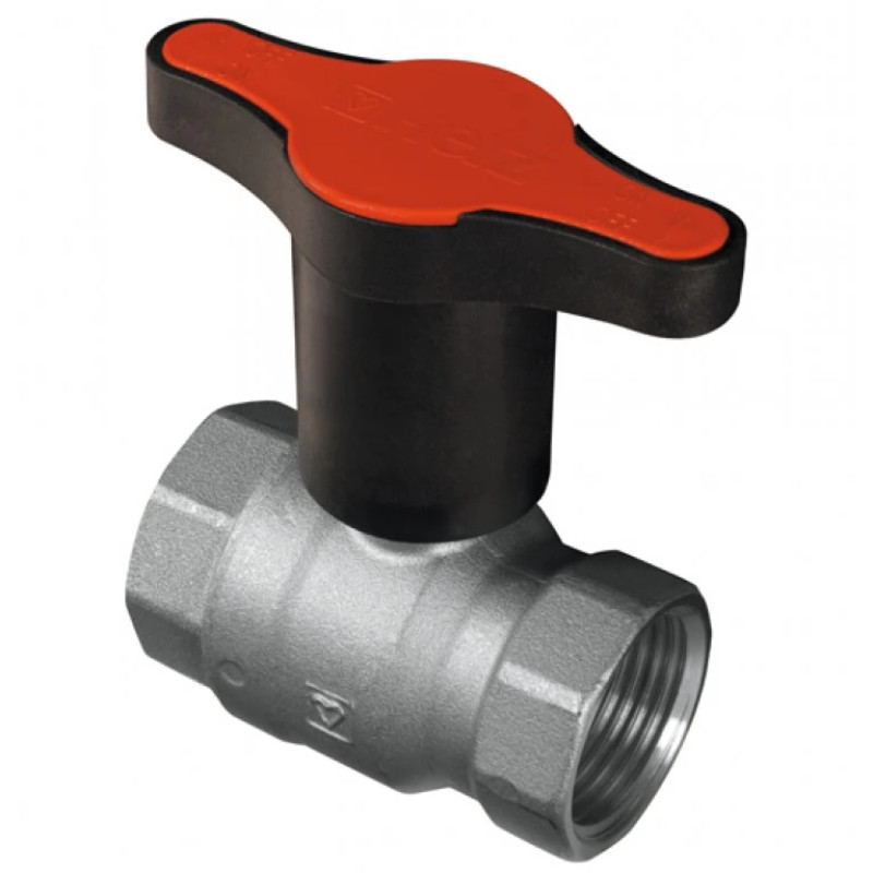HERZ Кран шаровой ВР-ВР с пластиковой ручкой (красная), PN=25. Корпус из кованой латуни, никелированный, согласно EN 12420, PN 25, 1/2". 1220141