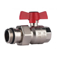 Шаровой кран с рукояткой "бабочка" (синий), прямой, с разъемным соединением "американка", PN 25. Диапазон температур от -30 °C до +150 °C (вода от 0 °C до +110 °C). Подключение к коллектору - внешняя резьба 1", с O-кольцом из EP. 