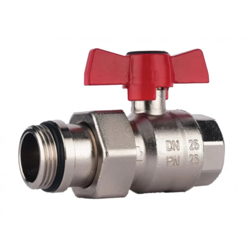 Шаровой кран с рукояткой "бабочка" (синий), прямой, с разъемным соединением "американка", PN 25. Диапазон температур от -30 °C до +150 °C (вода от 0 °C до +110 °C). Подключение к коллектору - внешняя резьба 1", с O-кольцом из EP. 